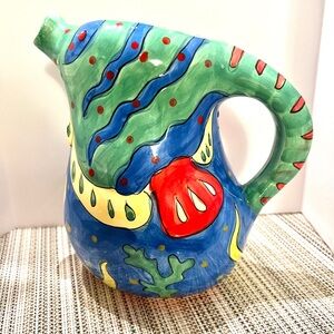 Colorful Ceramic Tropical Fish Jug Water Pitcher Multi Color. Hand painted.